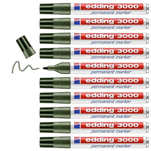 edding 3000 Permanentmarker - Oliv-Grün, 10er Set - Vielseitiger Permanentmarker für Karton, Holz, Metall und mehr. Schnelltrocknend, wisch- und wasserfest – ideal für Büro und Werkstatt.