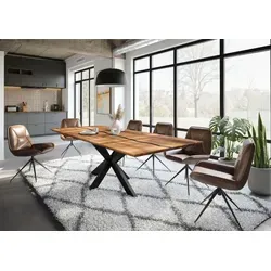 Esstisch Akazie 240x100x74 natur lackiert / Epoxid schwarz - Eleganter Esstisch aus massivem Akazienholz mit einzigartiger Maserung. Die Kombination aus natürlichem Holz und glänzendem Kreuzgestell sorgt für einen modernen Look in Ihrem Esszimmer. Entdecken Sie weitere stilvolle EPOXY-Tische!