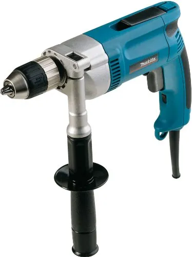 Makita DP4003 Bohrmaschine Langsamläufer - Akkuschrauber mit hohem Drehmoment, ideal für präzises Bohren in Stahl, Guss und Hartholz. Verstellbarer Zusatzgriff für optimalen Komfort und Kontrolle.