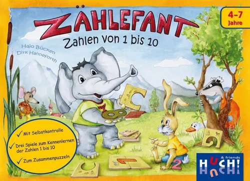 Huch Verlag Zählefant - Zahlen von 1 bis 10 - Lernspiel für Kinder, das spielerisch die Zahlen von 1 bis 10 vermittelt. Mit tierischen Kartenhälften zum Zählen und Anlegen. Ideal für Vorschulkinder, fördert die Konzentration und Motorik.