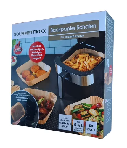 GOURMETmaxx Backpapier-Schalen für Heißluftfritteuse 5-8L - Entdecke die GOURMETmaxx Backpapier-Schalen: ideal für flüssige Teige und knusprige Snacks. Öl- und wasserbeständig, hitzebeständig bis 230 °C – für weniger Reinigungsaufwand und mehr Genuss beim Frittieren!