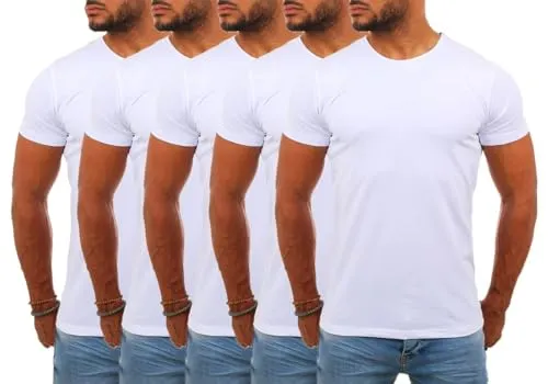 Young & Rich Herren Uni Basic T-Shirt Stretch Slimfit Weiß - 5 Stück - Trendiges Basic T-Shirt mit Rundhalsausschnitt in Slimfit. Ideal als Unterziehshirt, bietet hohen Tragekomfort durch die Baumwoll-Mischung und flexible Passform. Perfekt für jeden Anlass.