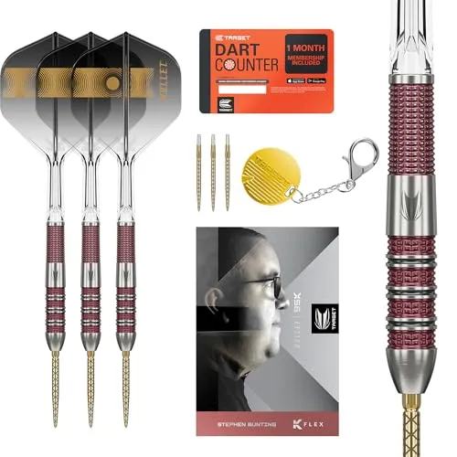 Target Darts Stephen Bunting 95K Dart-Set - Steel-Dartpfeile mit 95% Wolfram für präzise Würfe, inklusive Swiss Point-System für einfachen Punktwechsel und K-Flex-Flights für optimale Flugstabilität.