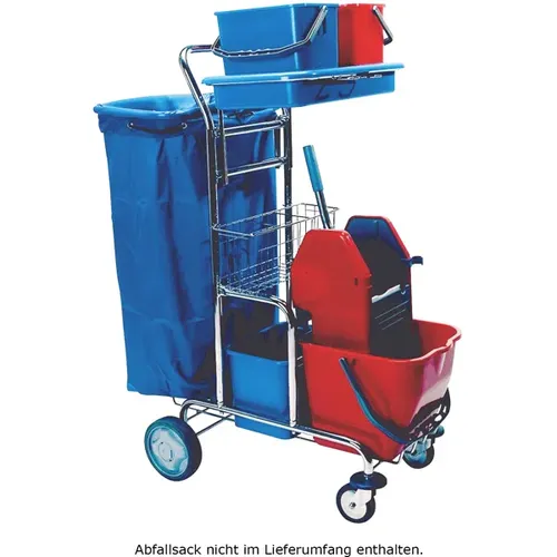 Systemwagen Meiko AT 102 verchromt - Hochwertiger Putzwagen für mobile Reinigung mit 4 Eimern, Kunststoffpresse und 2x 70 L Müllsackhalterung – ideal für effiziente Gebäudereinigung.