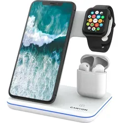 CANYON 3 in 1 Ladestation - Kabelloses Ladegerät für Apple Watch, iPhone und AirPods, mit 18W Adapter und Touch Backlight Control in Weiß