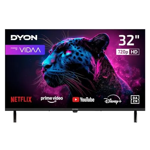 DYON Movie Smart 32 VX - 32 Zoll HD Smart TV - Fernseher mit 80 cm Bildschirmdiagonale, Triple Tuner für flexiblen Empfang und VIDAA OS für schnellen Zugriff auf Streaming-Dienste wie Netflix und Prime Video.