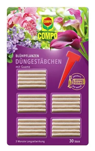 Compo Blühpflanzen Düngestäbchen mit Guano - 30 Stück, natürliche Nährstoffversorgung für bis zu 3 Monate, fördert intensive Blütenbildung und Widerstandskraft