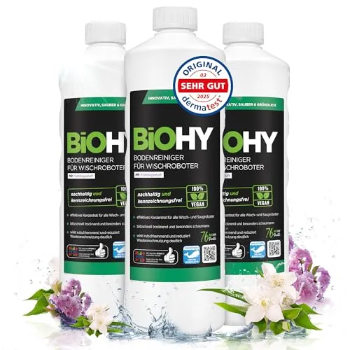 BiOHY Bodenreiniger für alle Wischroboter mit Frühlingsduft (3 x 1 Liter) | Schaumarm & Streifenfrei | Reinigungsmittel Konzentrat für alle Böden