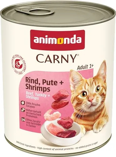 animonda Carny Katzen Nassfutter Rind + Pute + Shrimps (6 x 800g), getreidefreies Katzen Nassfutter ohne Zucker, mit frischen fleischigen Zutaten