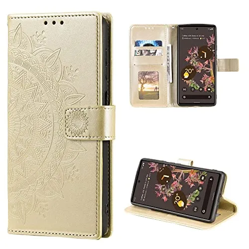 CoverKingz Handy Case kompatibel mit Google Pixel 6 - Handy Cover mit Kartenfach Phonecase - Smartphone Hülle klappbar Motiv Mandala Gold