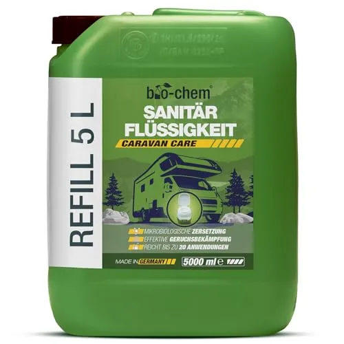 bio-chem Sanitärflüssigkeit 5 l Kanister mit Dosierbecher - WC-Reiniger, umweltfreundlich und hochkonzentriert für bis zu 13 Anwendungen, ideal für Fäkalientanks und Abwassertanks, verhindert unangenehme Gerüche und erleichtert die Entsorgung.