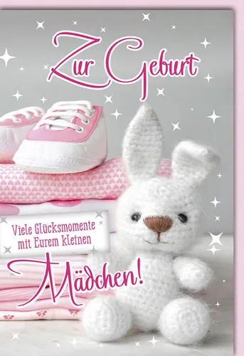 Geburt - Baby - Glückwunschkarte im Format 11,5 x 17 cm - Hase gestrickt, Mädche