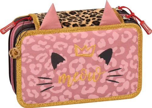 BRUNNEN 1049121942 Federmäppchen Sweet Wild Cat, rosa - Federmäppchen mit 3 Reißverschlüssen, inklusive 29 hochwertigen Schreibutensilien und praktischen Fächern. Perfekt für kreative Kinder!