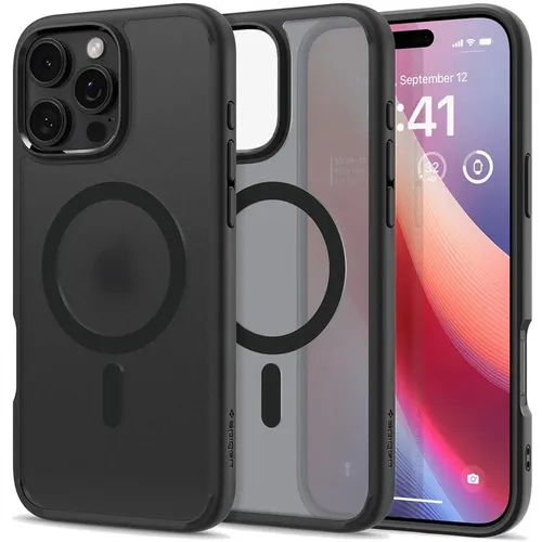 Spigen Ultra Hybrid MagFit Case für iPhone 16 Pro Max - Frost Black - Standard Handyhüllen mit verbesserter Magnetstärke und Anti Yellowing Technologie für längere Haltbarkeit. Militär-Grade-Schutz dank Air Cushion Technologie und 26 Falltests bestanden.