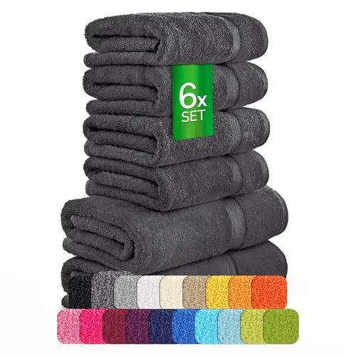 ETÉREA Handtücher 6er Set Carli Graphit – 100% Baumwolle, 500 g/m² - Hochwertiges Handtuch-Set aus 100% Baumwolle in edlem Graphit. Flauschige Hotel-Qualität mit hoher Saugkraft und wenig Fusselbildung. Strapazierfähig und formbeständig bis 60°C – ideal für den täglichen Gebrauch im Bad.