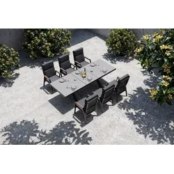 OUTFLEXX Serro Garten-Essgruppe, schwarz/anthrazit, Alu/Keramik/Teak, Tisch 200/260 x 100 cm, ausziehbar, FSC®-zertifiziert, 6 Stapelsessel