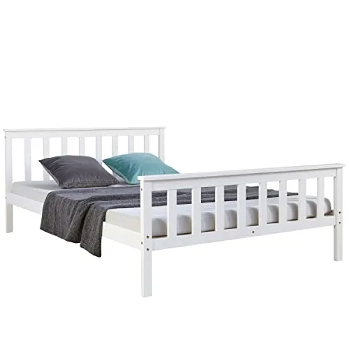 Homestyle4u Holzbett 140x200 cm Weiß - Stilvolles Doppelbett aus massivem Kiefernholz mit kostenlosem Lattenrost, ideal für Schlafzimmer und Gästezimmer. Zeitloses Design und hohe Stabilität für erholsame Nächte.