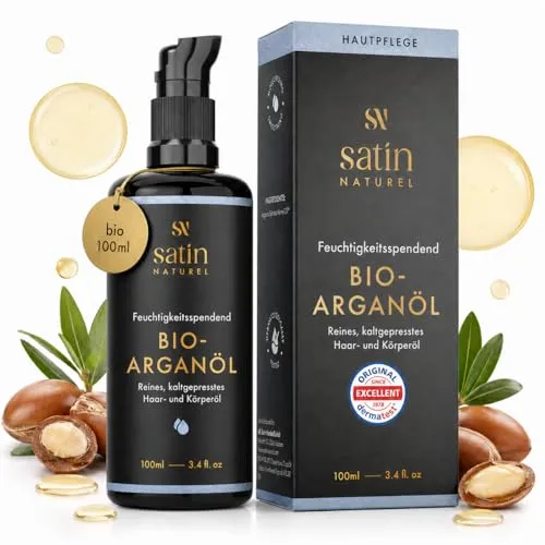 Satin Naturel Haaröl Bio Arganöl - 100% rein und vielseitig - Haaröle mit natürlichem Bio-Arganöl für effektive Schönheitspflege. Ideal für Haut, Haare und Nägel. Antioxidativ, nährend und feuchtigkeitsspendend.