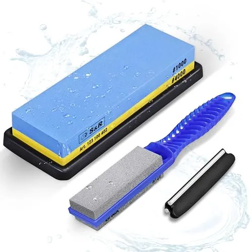 S&R Schleifstein Set – Messerschleifstein & Wetzstein für Messer – Doppelseitiger Sharpening Stone 1000/4000 & Schleifhilfe 120/240 – Knife Sharpener Stone & Abziehstein zum Messer schärfen, Whetstone