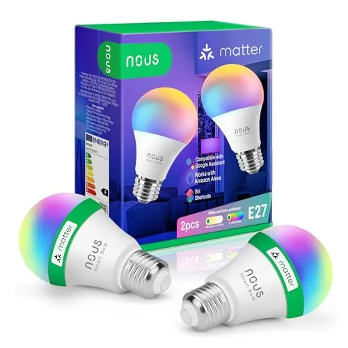 NOUS P3 Smarte WIFI Glühbirne RGB E27, Kompatibel mit Matter, Alexa, Home Assistant & Apple HomeKit, Smart Home, Fernbedienung, LED Lampe Farbwechsel, RGB Glühbirne, 2.4 GHz WiFi