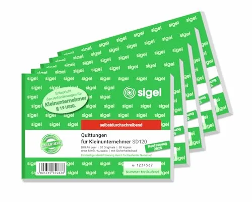 Sigel Formularblock Quittung A6 quer - 30 Blatt - Praktisches Quittungsbuch für Kleinunternehmer im Format DIN A6 quer. Enthält 30 Originale und 30 Kopien mit fortlaufender Nummerierung. FSC-zertifiziert und rechtssicher, ideal für eine einfache Dokumentation.