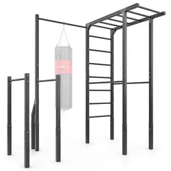 Outdoor Sprossenwand MO-Z5 mit Klimmzugstange - Klimmzugstangen für Outdoor mit stabiler Konstruktion, Tragfähigkeit bis 110kg, inklusive Boxsackhalterung und Dip Station für vielseitiges Training.