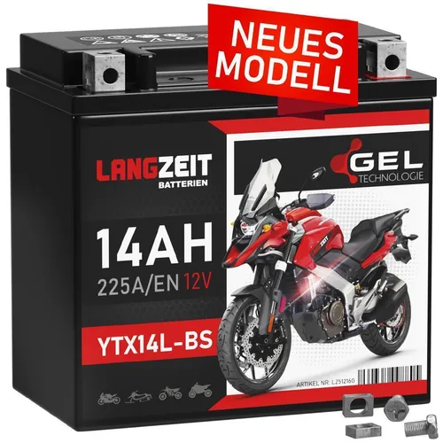 Langzeit YTX14L-BS GEL Motorradbatterie 14Ah 12V 250A/EN - Batterien für Motorräder, wartungsfrei und rüttelfest, ideal für Harley Davidson Modelle mit 14Ah Kapazität und 225A Kaltstartstrom.