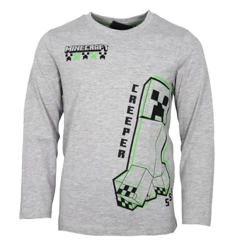 Minecraft Kinder Langarmshirt Jungen – Creeper Motiv – Shirt aus Baumwolle & Viskose – Größen 116 bis 152, Farbe: Grau, Bekleidungsgröße: 116