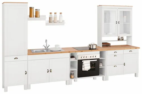 Küchenzeile HOME AFFAIRE "Oslo" in Weiß, 350 cm - Küchenzeilen für modernes Wohnen, inklusive Vitrinenaufsatz und Spülenschrank mit Edelstahl-Einbauspüle. Hochwertige Verarbeitung in weißem Massivholz.