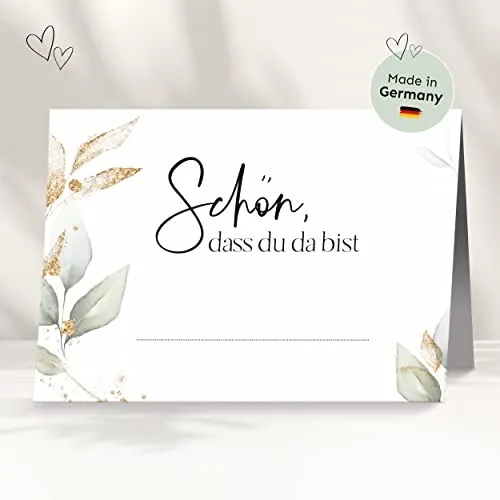 Tischkarten für deine Hochzeit | Eukalyptus gold - Premium Platzkarte "schön dass du da bist" im Set, Sitzplatzkarte, Design Namenskarte für Gäste 50