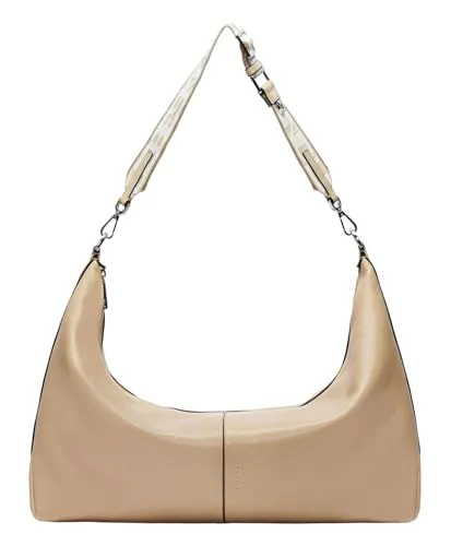 Liebeskind Berlin Paris Sheep Natural L Sandy Hobo - Damen-Schultertaschen, aus weichem Lammleder mit lässigem Knautsch-Effekt und sportivem Jacquard-Schulterriemen für entspannte Alltags-Looks.