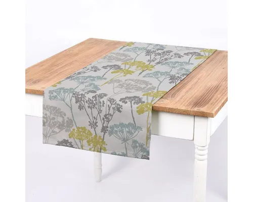 SCHÖNER LEBEN. Tischläufer Blumen Gräser Mineral blau grün grau, handmade - Handgefertigter Tischläufer (ca. 40x160cm) aus 100% Baumwolle mit floralen Motiven in Mintblau, Apfelgrün und Grau. Perfekt für eine stilvolle Tischdekoration, waschbar bei 30 Grad.