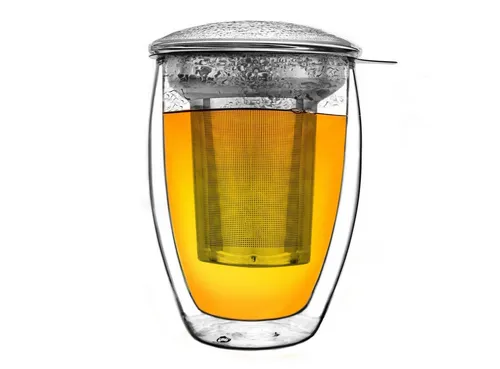 Creano Teeglas Doppelwandiges Teeglas mit Filter und Deckel, 400ml, Borosilikatglas, 3-teilig