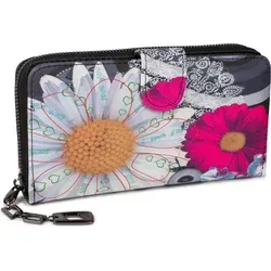 styleBREAKER Damen Geldbörse mit buntem Blumen Blüten Mandala Muster, Ethno Style, Reißverschluss, Portemonnaie 02040040 - Schwarz/Weiß/Rosa
