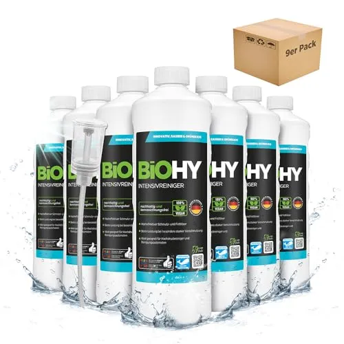 BiOHY Intensivreiniger (9 x 1L) + Dosierer | Bodenreiniger Konzentrat für starke Verschmutzungen | Reinigungsmittel für Reinigungsautomaten & Saugwischer | Schaumarm für Fliesen & Hartböden