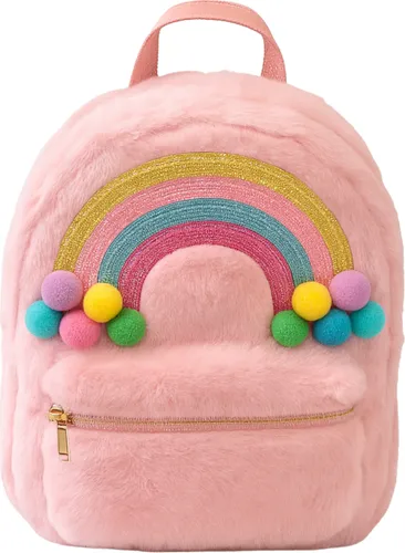 Kinderrucksack Plüsch Regenbogen Mädchen, flauschiger Rucksack Kinder, Plüschrucksack Kindergarten Kita mit Vordertasche