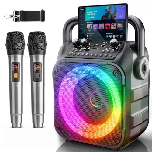 Singingmate Karaoke Maschine mit 2 Mikrofonen - Tragbare Karaoke-Anlage für alle Altersgruppen, mit hervorragender Geräuschreduzierung und 6 Stunden Akkulaufzeit. Erleben Sie tolle Partystimmung mit dynamischen Lichtern und einfacher Bedienung!