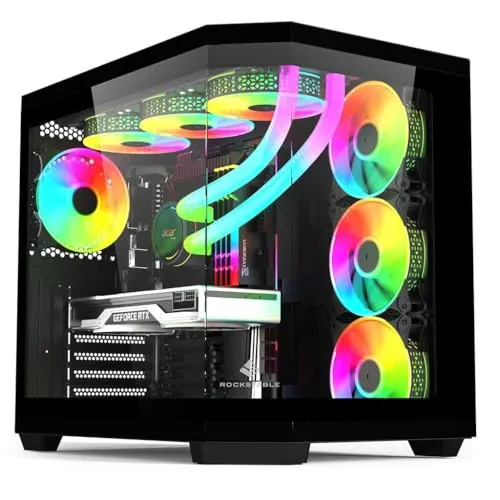 Rockstable Stonecliff Computer Case ATX, mATX, ITX - 180° Glas Panorama - PC-Gehäuse mit stabiler Konstruktion und 180° Sicht auf die Hardware. Unterstützt Mainboards mit hinteren Anschlüssen und bietet Platz für bis zu 5 Festplatten.