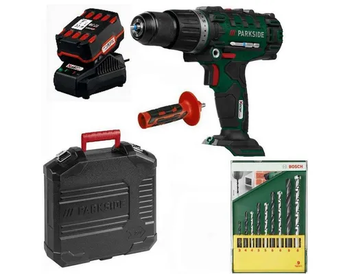 Parkside Akku-Schlagbohrschrauber 20V PSBSA 20-Li C3 mit Bohrer Set - Akkuschrauber mit 4 Ah Akku, leistungsstark und vielseitig einsetzbar für Heimwerkerprojekte.