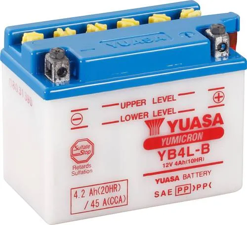 Yuasa YB4L-B DC Motorradbatterie 12 V 4 Ah - Motorradbatterie mit Sulphate-Stop, hoher Startleistung und bis zu 30 % mehr Leistung durch extra dünnen Separator. Ideal für Motorräder, Scooter und mehr.
