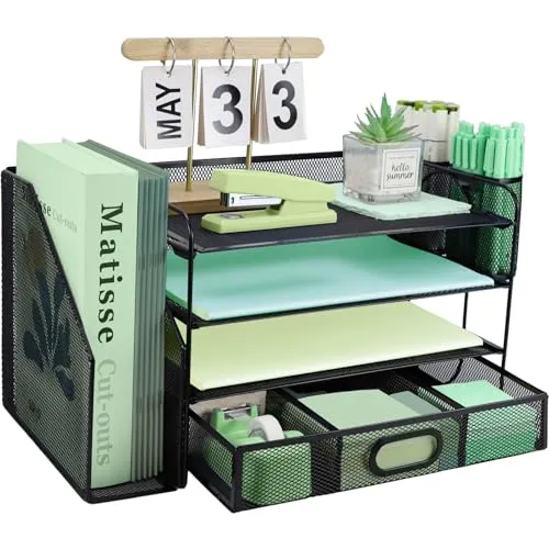 IOUGDSEC Organizer da scrivania Con Porta documenti, vassoio di Carta a 3 livelli, Organizer da scrivania in rete Con Porta riviste per forniture per casa e ufficio,Schwarz