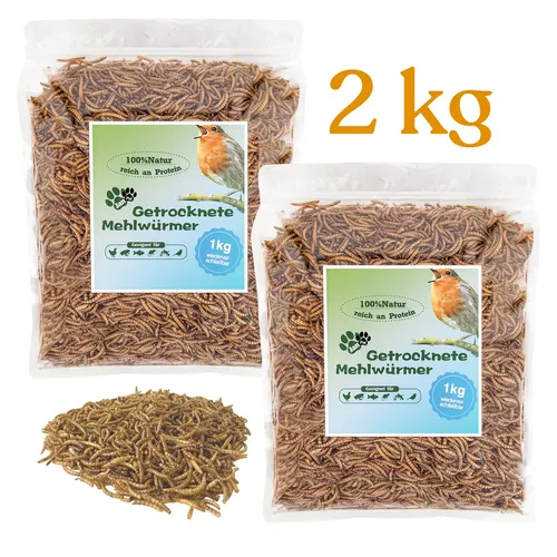Getrocknete Mehlwürmer 2x1kg für Vögel, Fische, Reptilien und Nager - Nährstoffreiche Futterquelle für Haustiere, ideal für die artgerechte Ernährung von Vögeln, Fischen und Reptilien.