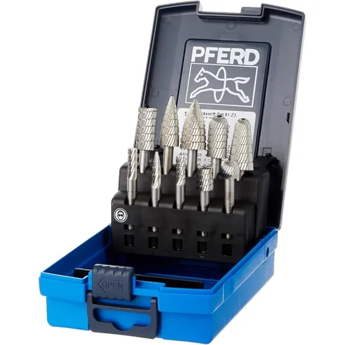 PFERD Fräser 81 Z3 - 10-teiliges HSS Frässtifte Set - Entgrater für Metallbearbeitung, vielseitig einsetzbar mit verschiedenen Fräserformen für präzises Arbeiten an Stahl und Gusseisen, inklusive praktischer Kunststoffkassette.