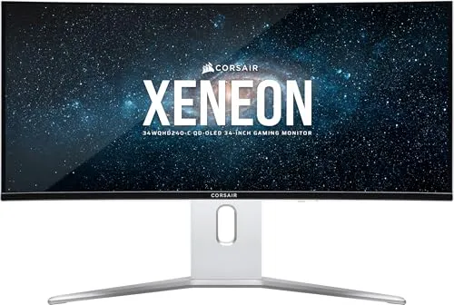 34" Corsair Xeneon 34WQHD240-C Gaming Monitor - 34" Curved Gaming Monitor mit 3440x1440 (WQHD) Auflösung, 240Hz und USB-C (15W). Genießen Sie lebendige Farben und tiefes Schwarz dank QD-OLED-Technologie und profitieren Sie von der Nvidia G-Sync und AMD FreeSync Kompatibilität.