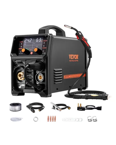 VEVOR 200 A MIG-Schweißgerät 4-in-1 - Vielseitiges 4-in-1 MIG-Schweißgerät für Lift-WIG, gasloses MIG, Gas-MIG und MMA-Schweißen. Mit LCD-Display und intelligenter Steuerung für präzise Schweißnähte auf verschiedenen Materialien.