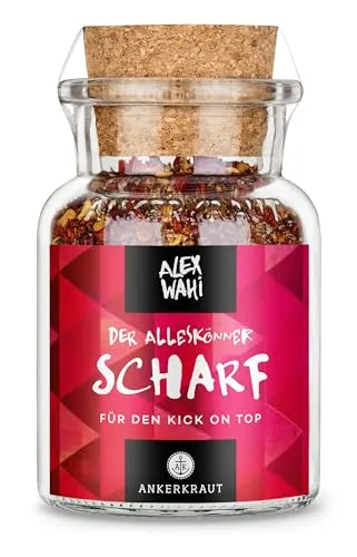 Ankerkraut Alleskönner scharf by Alex Wahi, Universal-Gewürz für Fleisch Gemüse Bowls Reis, Würze zum Kochen, Salz Chilischrot, Jalapeno geräuchert, Habanero und mehr, 90 g im Korkenglas
