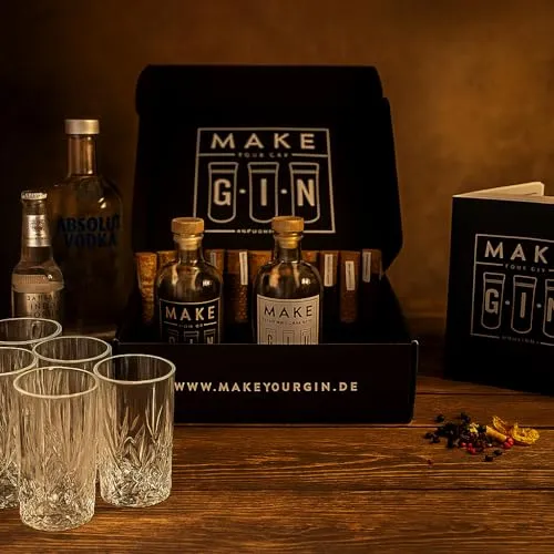 Make Your Gin Geschenkset schwarz -Absolut Vodka, Fever-Tree Mediterranean Tonic Water 500ml + Botanicals - Kopi Luwak von freilebenden Tieren+ Bar Trichter + Anleitung mit Rezept + 6x Longdrinkglas