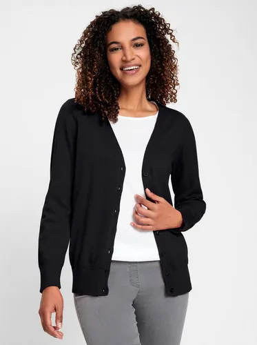 sheego Strickjacke 302035_38 - Stylische Strickjacke aus weichem Feinstrick mit V-Ausschnitt und Knopfverschluss. Ideal für jeden Anlass und angenehm zu tragen. GOTS-zertifiziert für geprüfte Qualität.