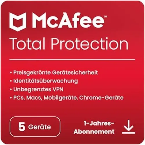 McAfee Total Protection 5 Geräte - 2 Jahre Software - Preisgekrönte Security-Suite mit Identitätsüberwachung und unbegrenztem VPN für umfassenden Schutz auf PCs, Macs und Mobilgeräten.