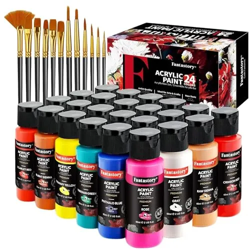 Fantastory Acrylfarben Set 24x 60ml,12 Pinsel;Exzellente Deckkraft,hohe Lichtechtheit,wasserfest Acrylic Paint;für Leinwand,Holz,Keramik,Modelle;Künstler,Profis,Anfänger[ProfessionelleSerie]